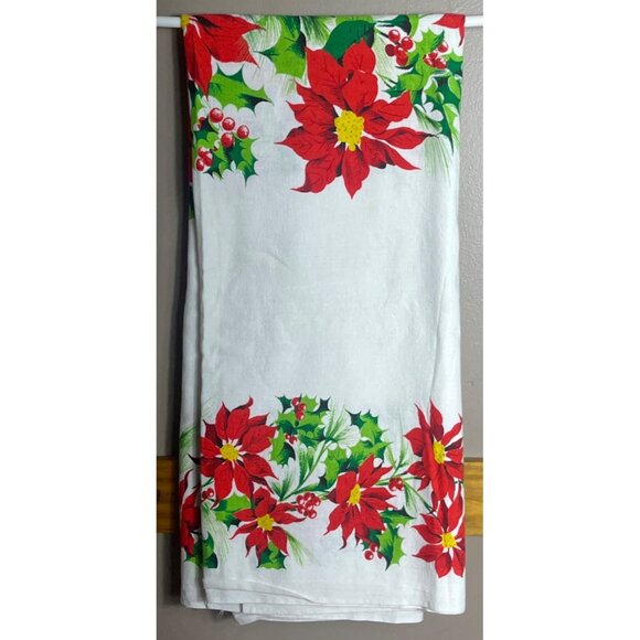 Holiday Tablecloth White Cotton Poinsettia 87x51" Christmas Dining Festive Decor - Picture 3 of 10